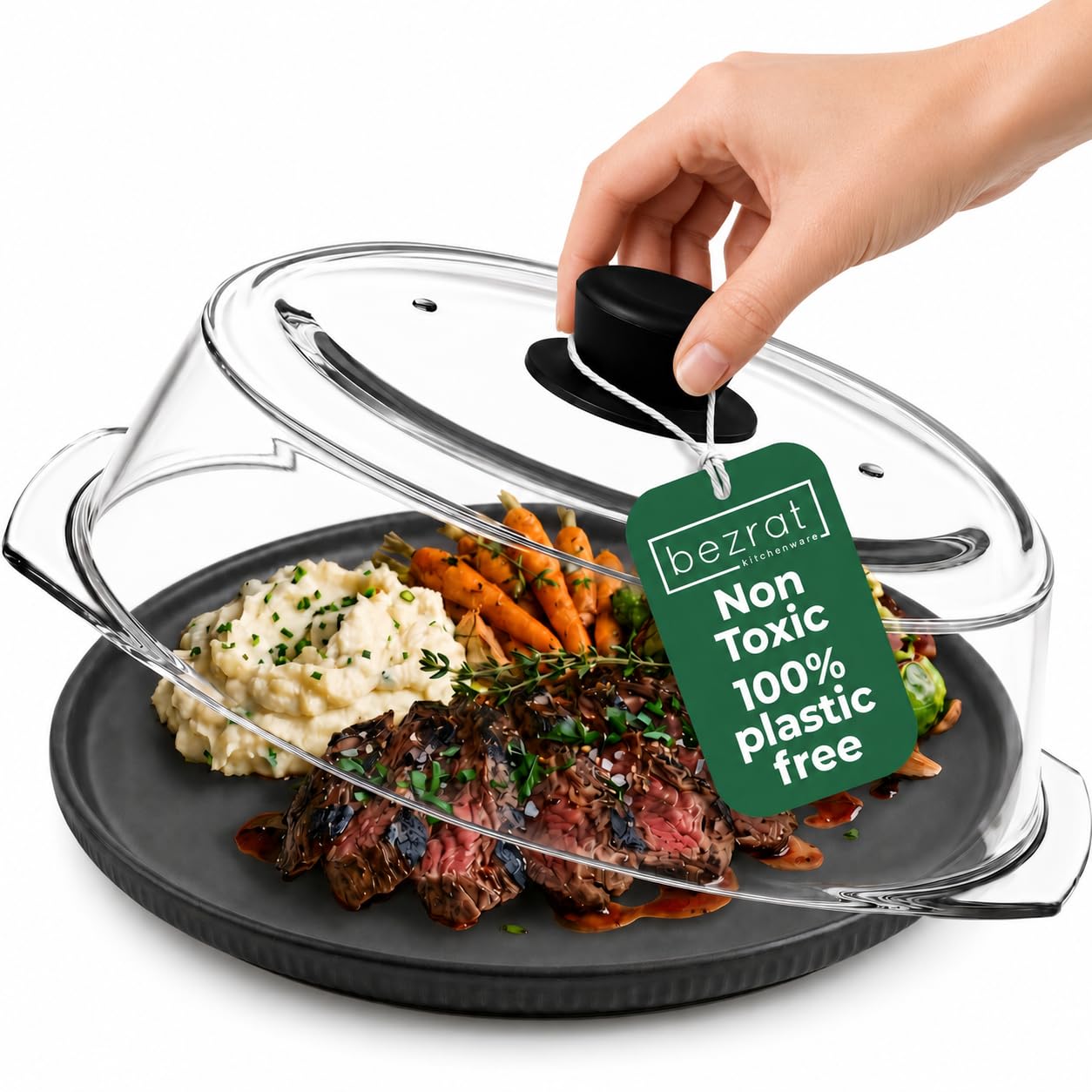 Bezrat front view showing clear glass cover protecting plate, reduces microwave mess