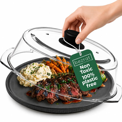 Bezrat front view showing clear glass cover protecting plate, reduces microwave mess