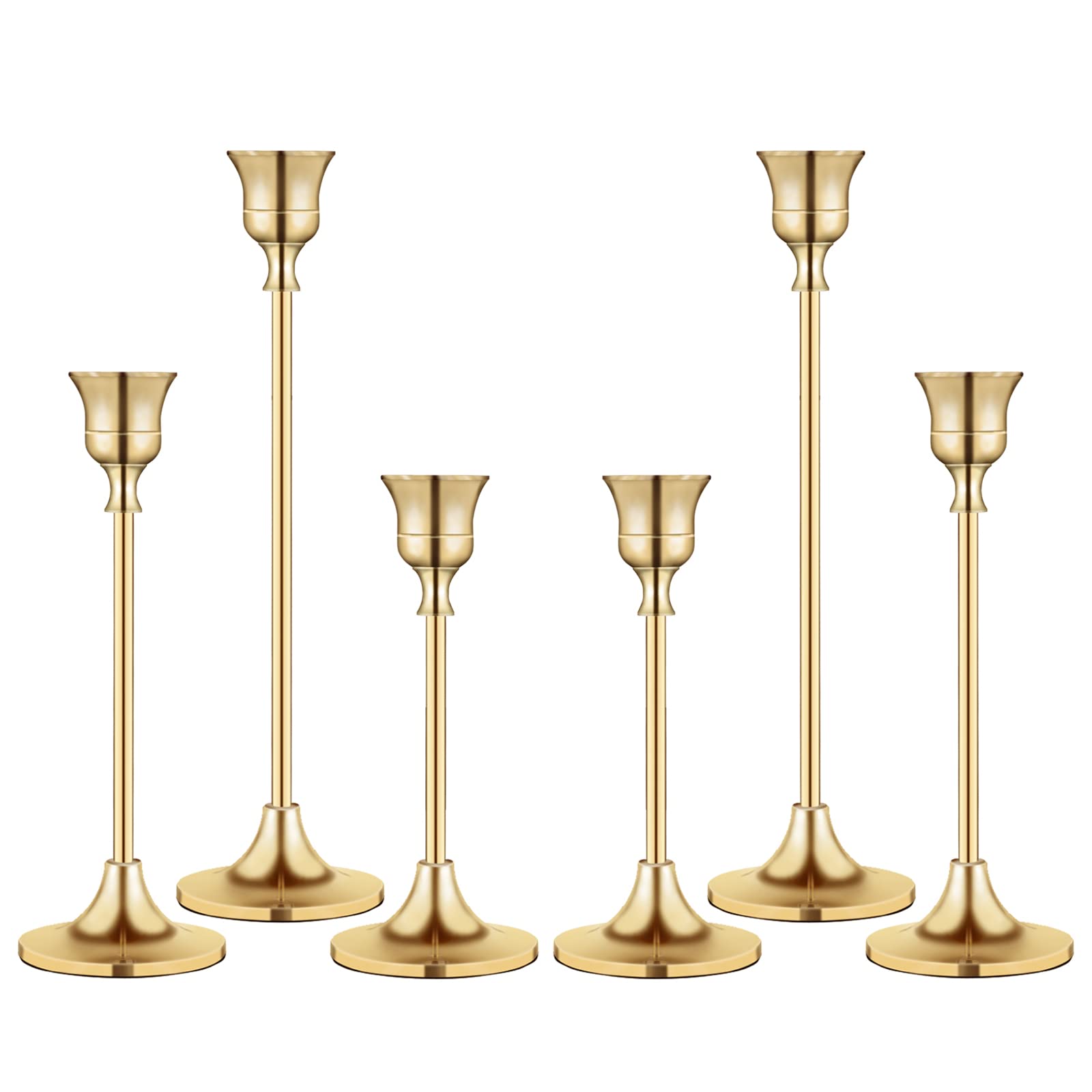 BEZURA front view of three-piece gold candlestick set showing elegant silhouette and stable base