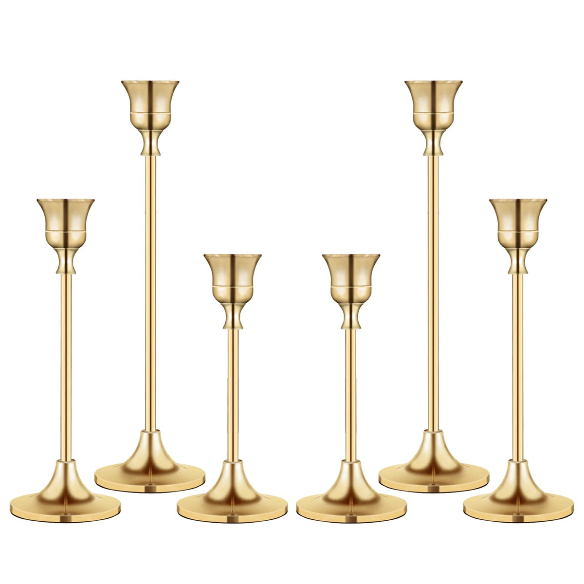 BEZURA front view of three-piece gold candlestick set showing elegant silhouette and stable base