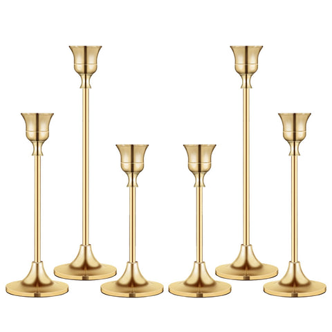 BEZURA front view of three-piece gold candlestick set showing elegant silhouette and stable base