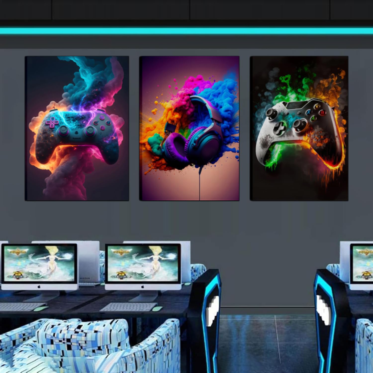 BGFCE framed canvases hung above a desk showing cohesive decor and space enhancement