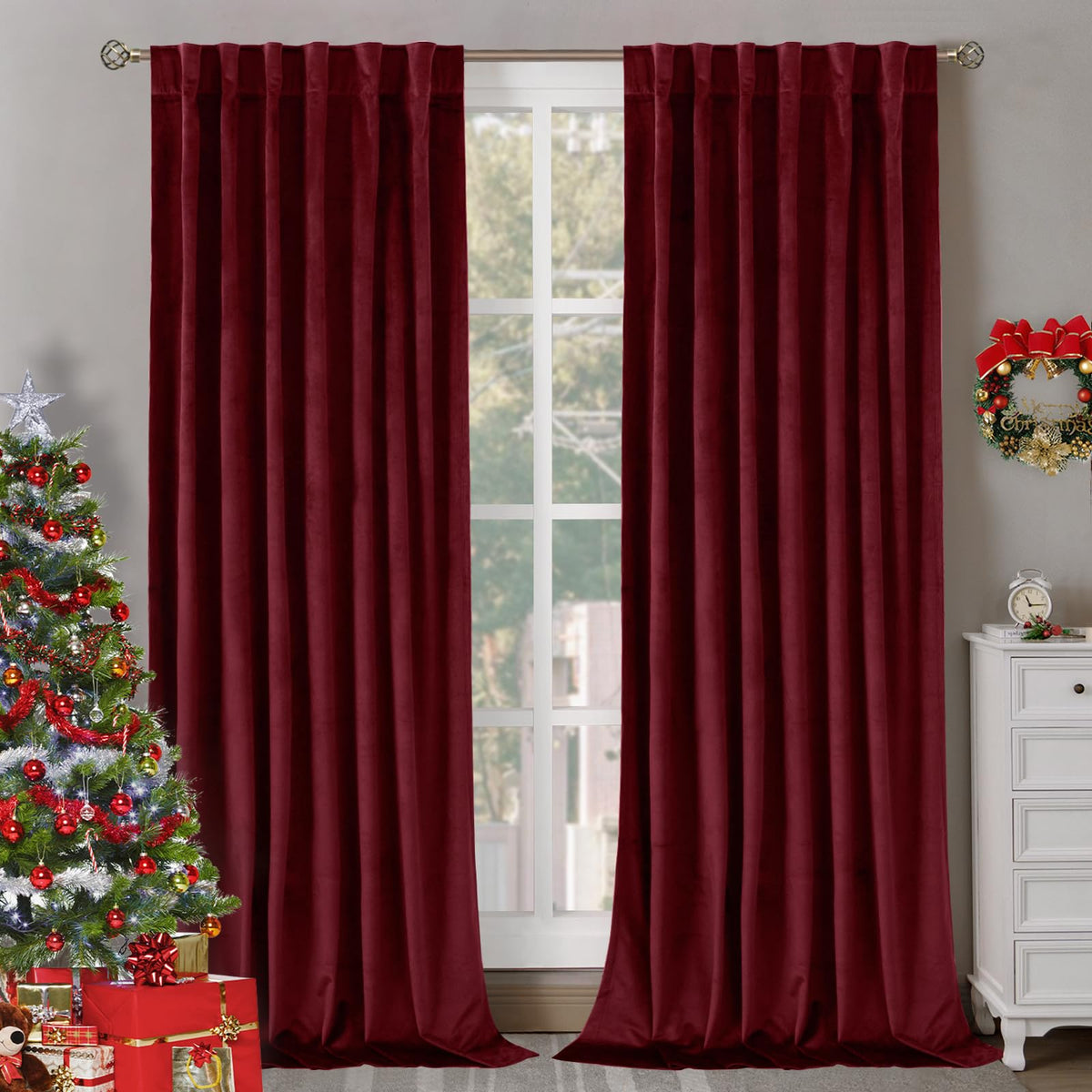BGment front view of red velvet panels showcasing full window coverage