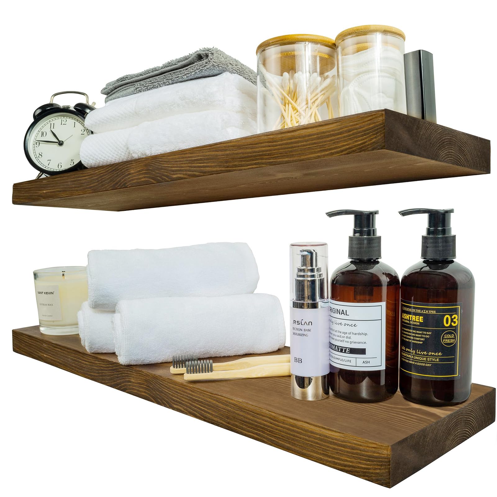 BGMG front view of 24-inch dark walnut shelves showing rustic finish and usable surface
