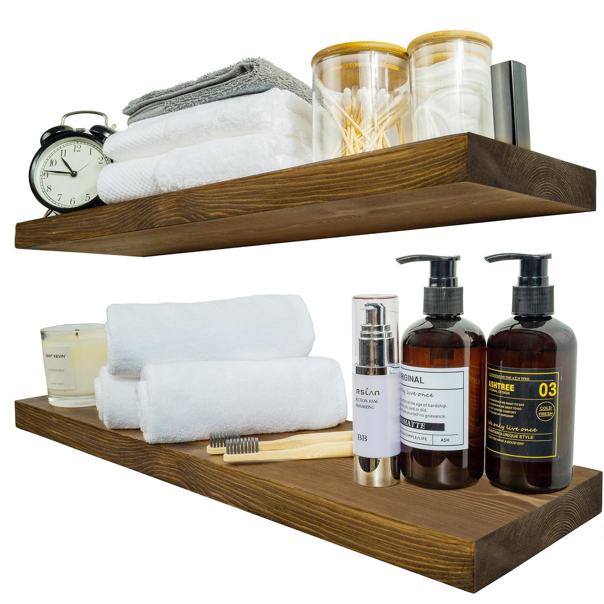 BGMG front view of 24-inch dark walnut shelves showing rustic finish and usable surface