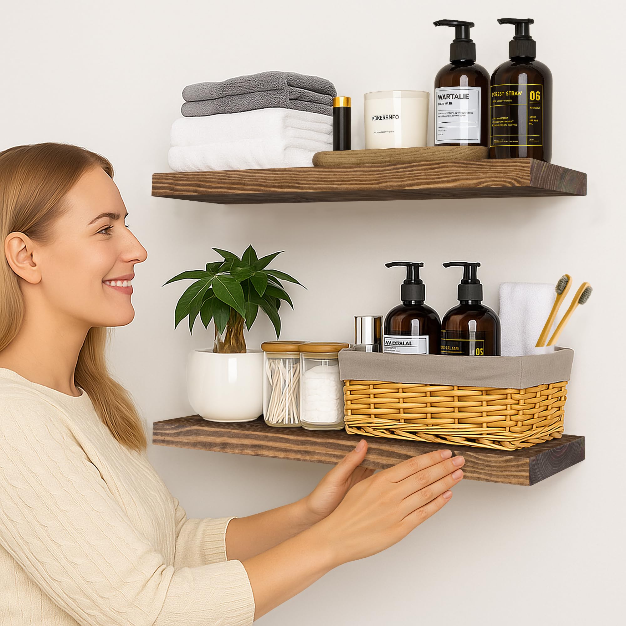 BGMG living room installed shelves displaying decor for cohesive farmhouse look benefit