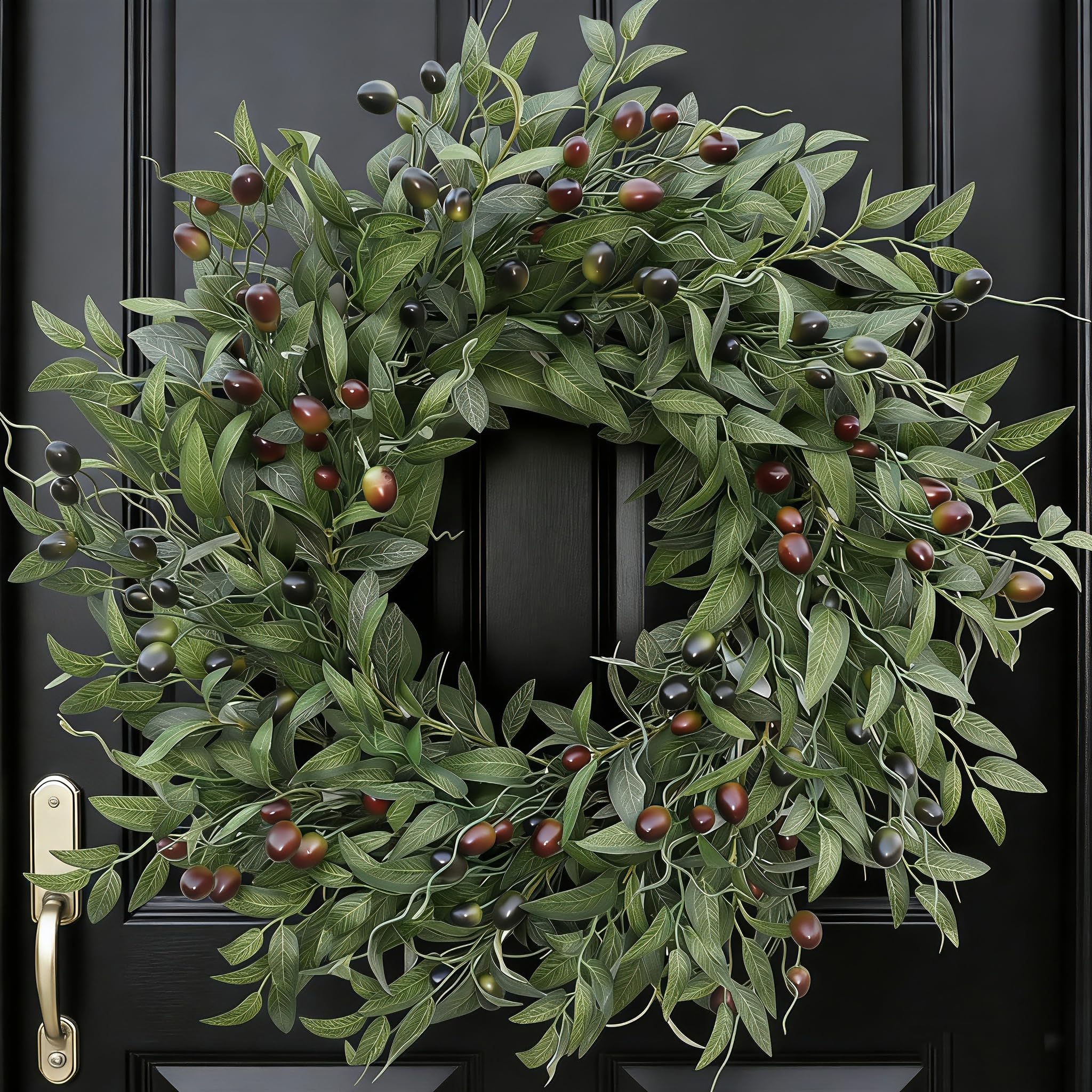 BHHDA olive wreath front view showing full, elegant greenery benefit
