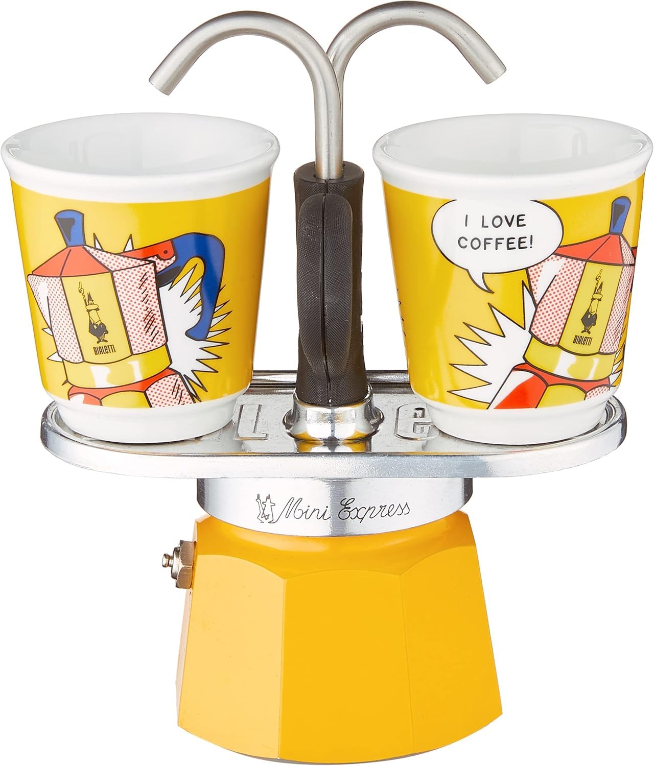 Bialetti Mini Express front view showing yellow aluminium body and cups warming