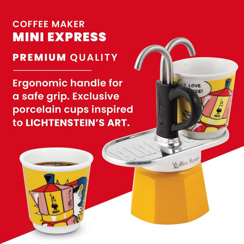Bialetti Mini Express pouring espresso into glasses for immediate serving benefit