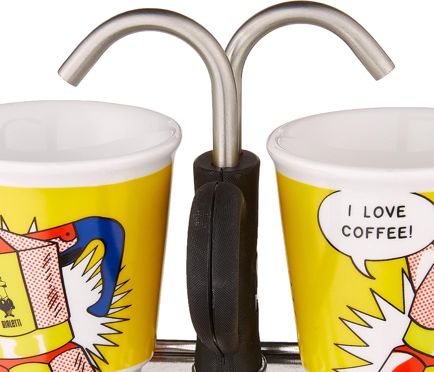 Bialetti size comparison beside a coffee cup illustrating compact portability
