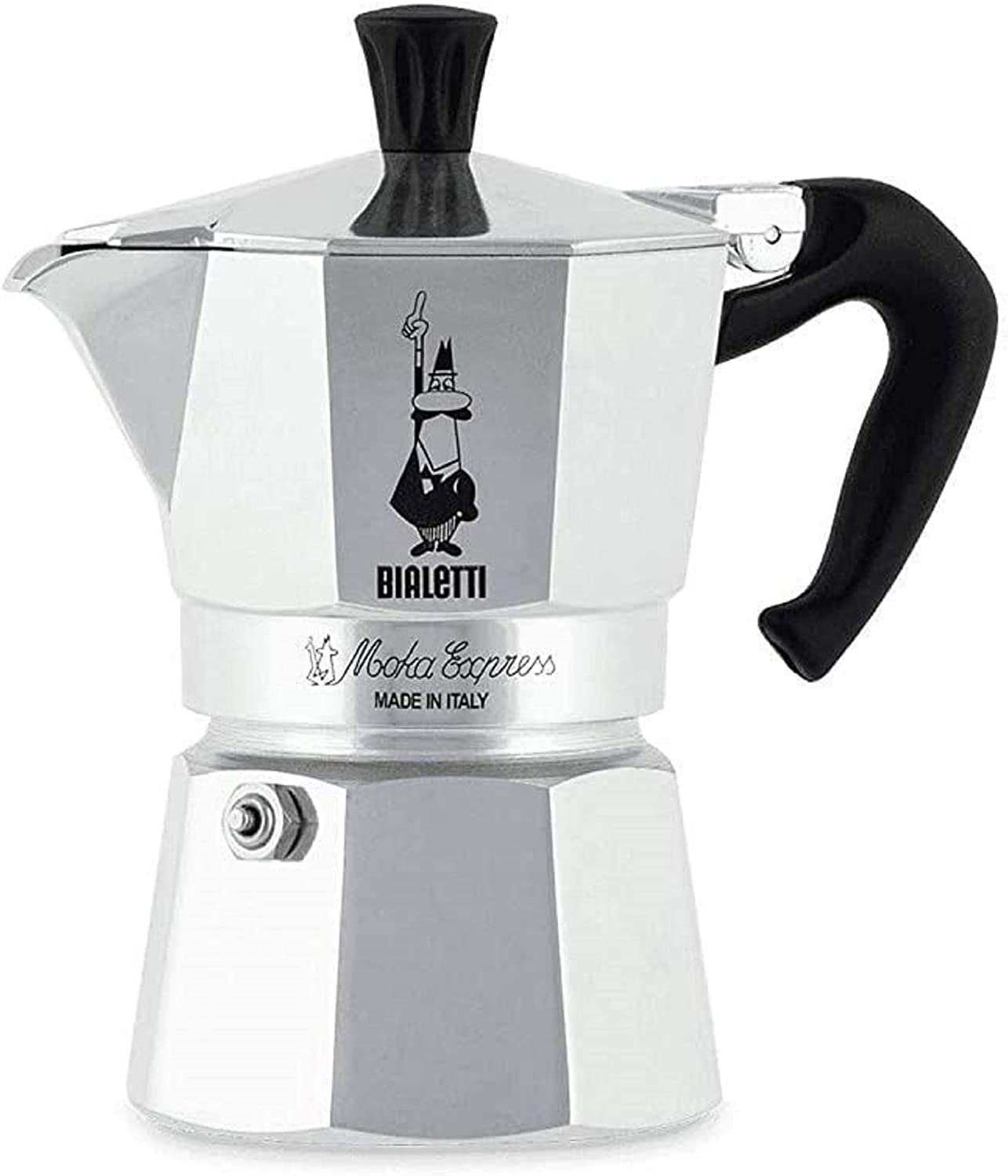 Bialetti front view showing classic aluminium pot and fast brewing benefit