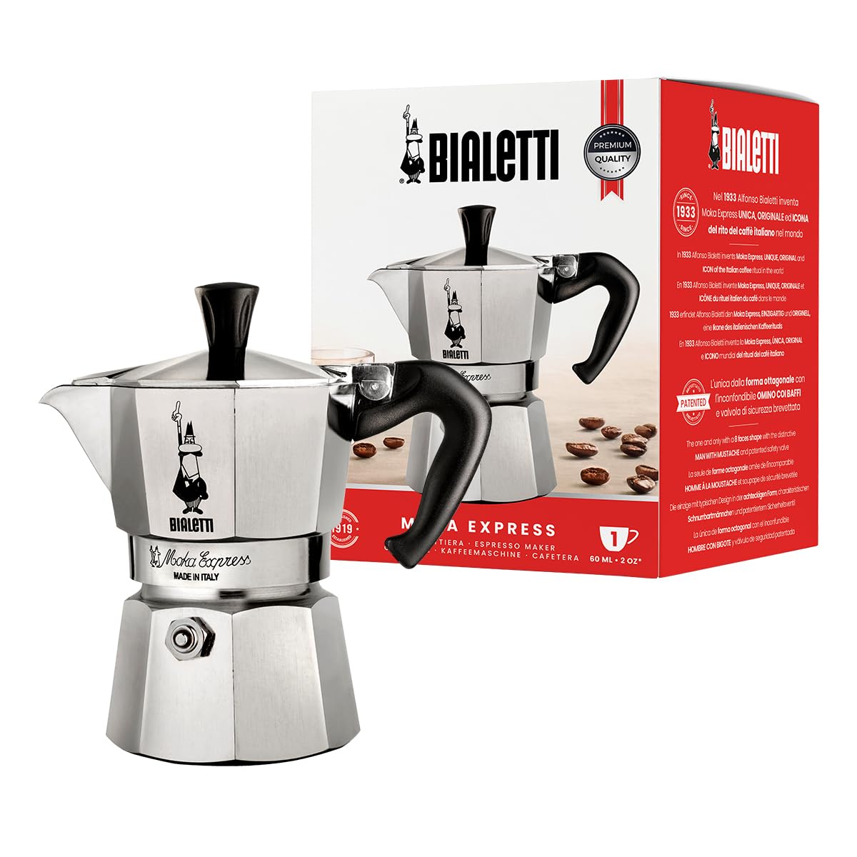 Bialetti Moka Express front view showing classic octagonal shape and quick brewing