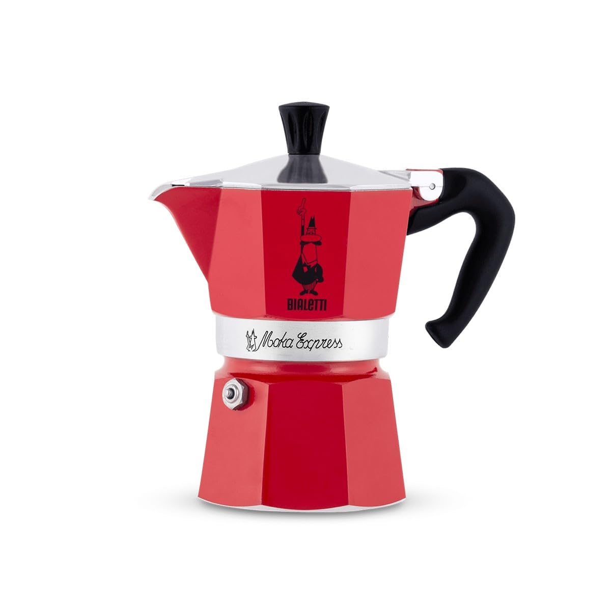 Bialetti Moka Express front view showing red aluminum and classic shape, stylish countertop appeal