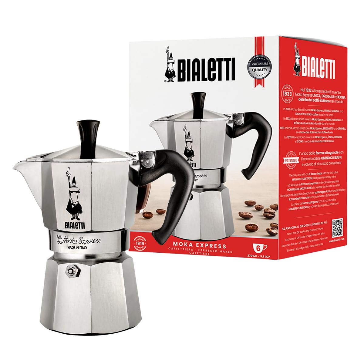 Bialetti Moka Express front view showing classic shape and fast brewing benefit