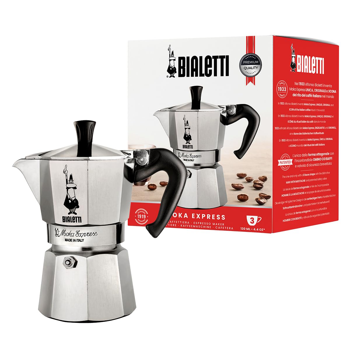 Bialetti Moka Express front view showing compact octagonal shape and quick brewing benefit