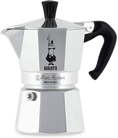 Bialetti front view showing classic aluminium pot and fast brewing benefit