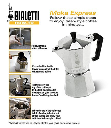 Bialetti Moka Express on stovetop pouring coffee into cup demonstrating quick extraction benefit