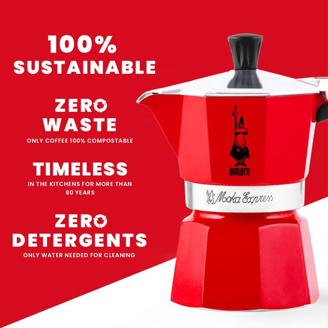 Bialetti Moka Express pouring espresso into cup in kitchen scene, fast flavorful brewing