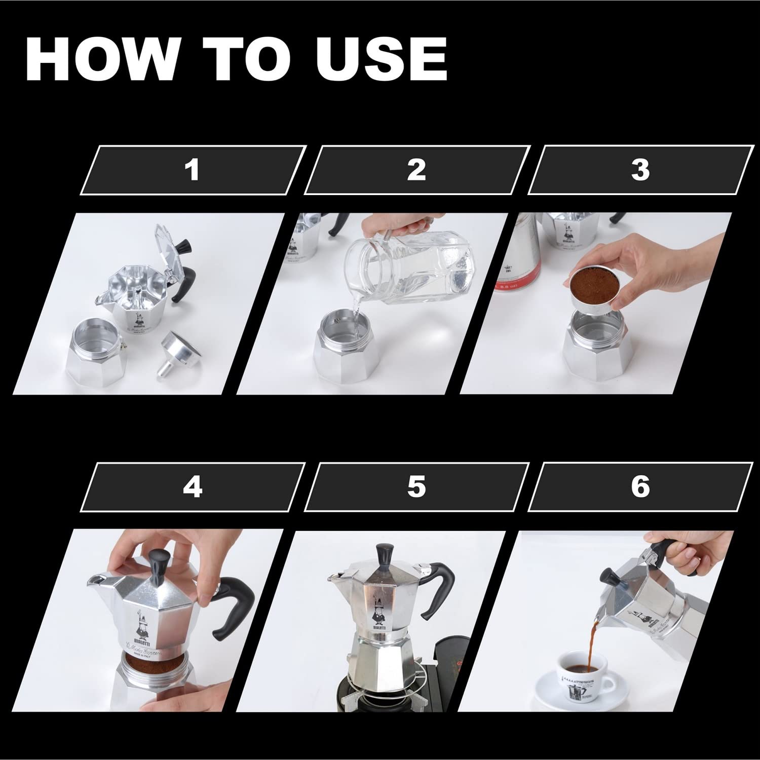 Bialetti pouring espresso into cup to show quick 4–5 minute brew benefit