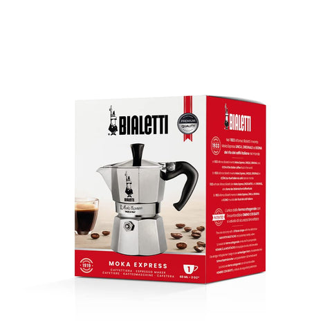 Bialetti held in hand to show compact 1-cup size and travel convenience
