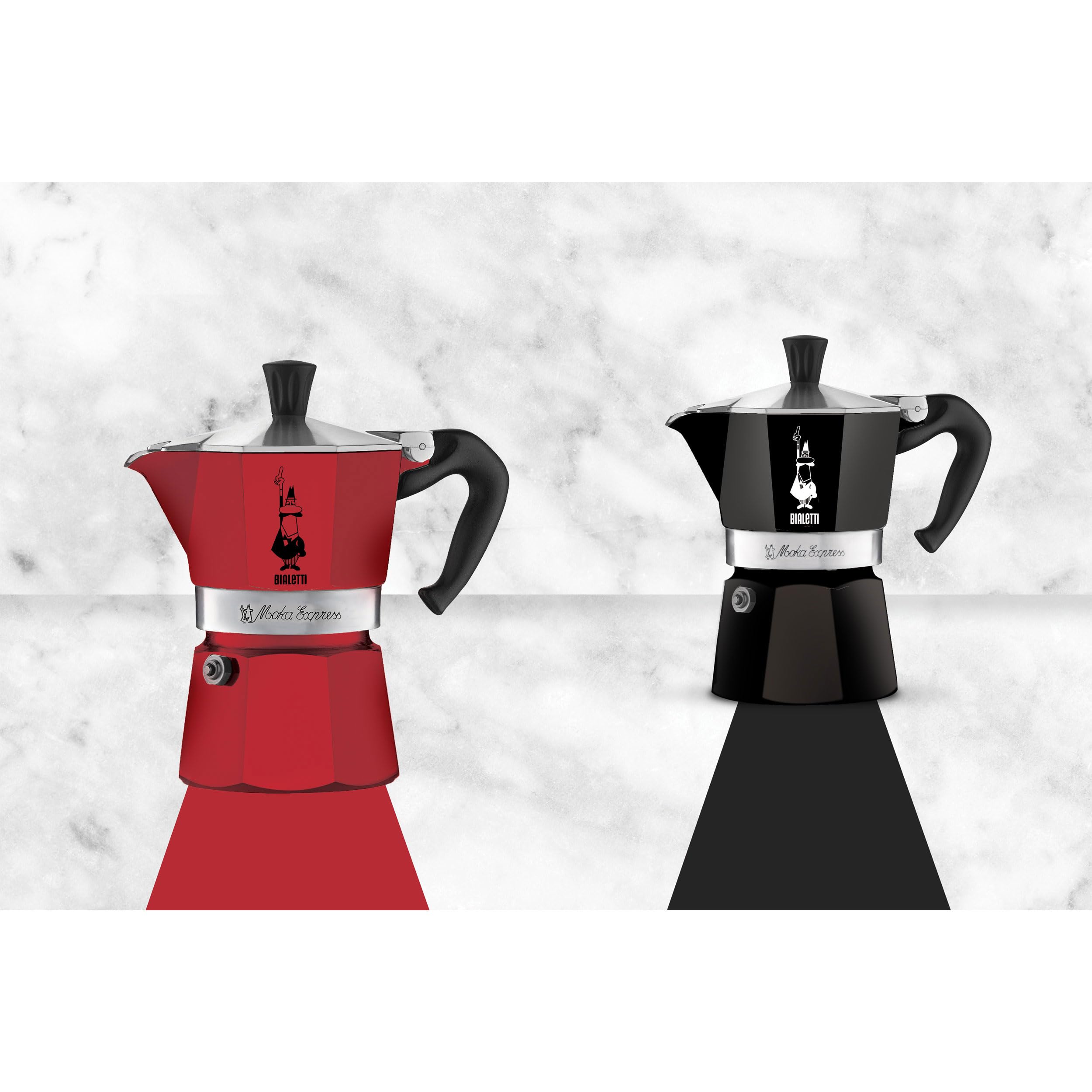 Bialetti Moka Express beside an espresso cup showing compact size and portability