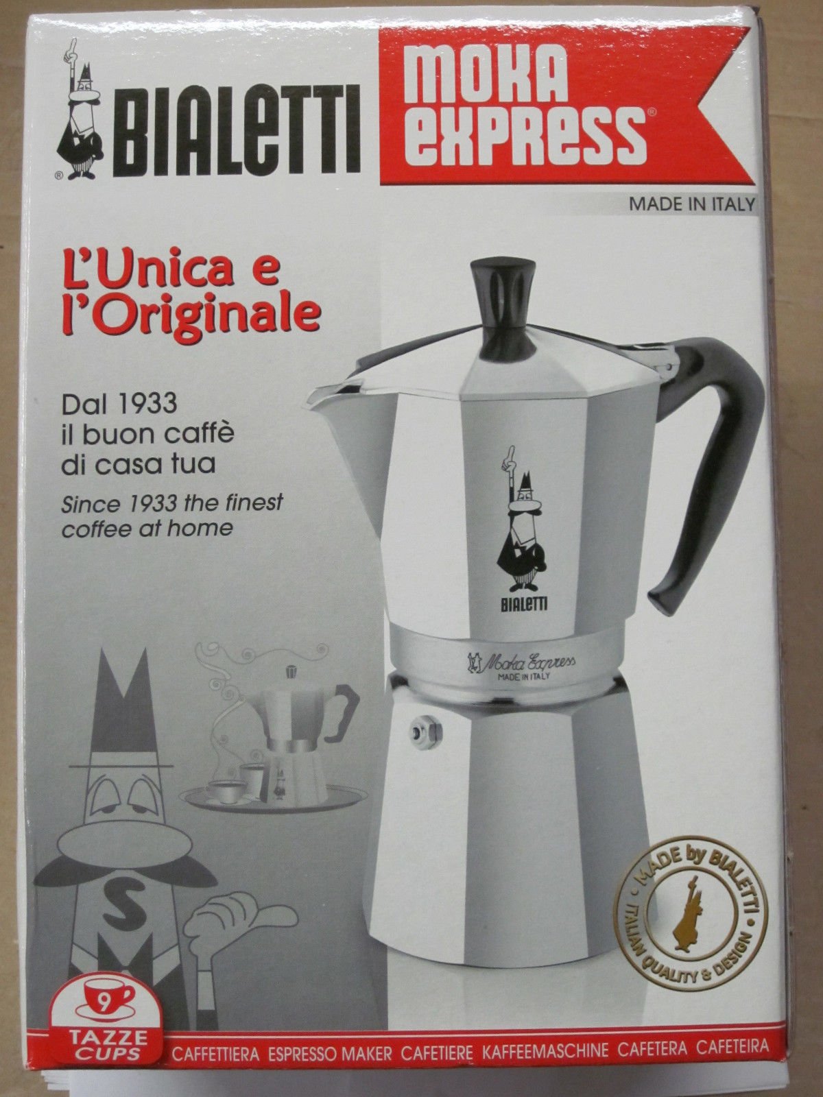 Bialetti Moka Express beside espresso cups showing 9-cup capacity and practical serving size benefit