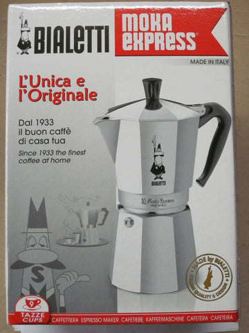 Bialetti Moka Express beside espresso cups showing 9-cup capacity and practical serving size benefit