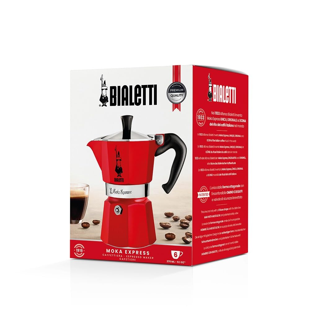 Bialetti Moka Express beside small espresso cups to show 6-cup capacity and scale