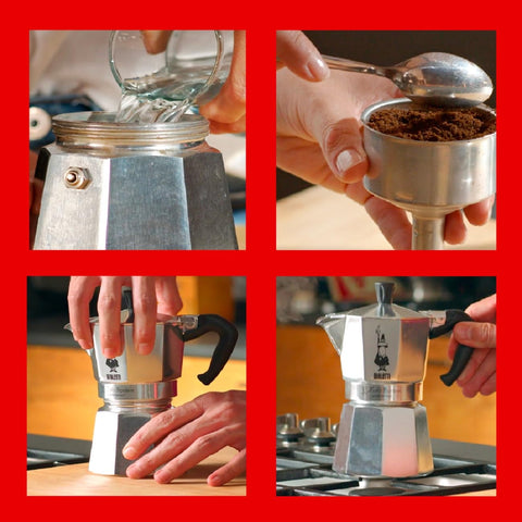 Bialetti next to cups for scale illustrating compact size and multiple servings