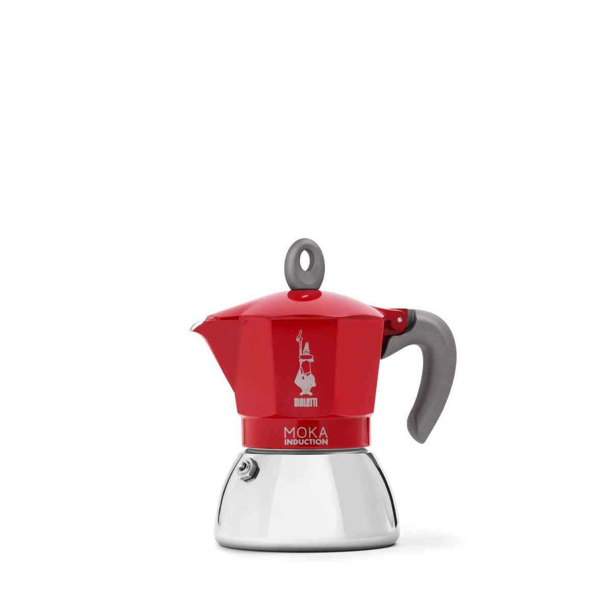 Bialetti front view of red Moka Induction showing classic silhouette and quick heating benefit
