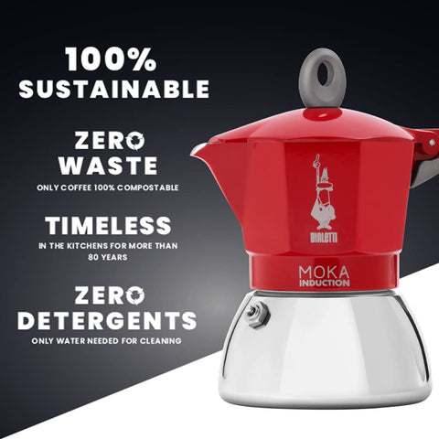 Bialetti Moka Induction next to an espresso cup illustrating compact size and serving capacity
