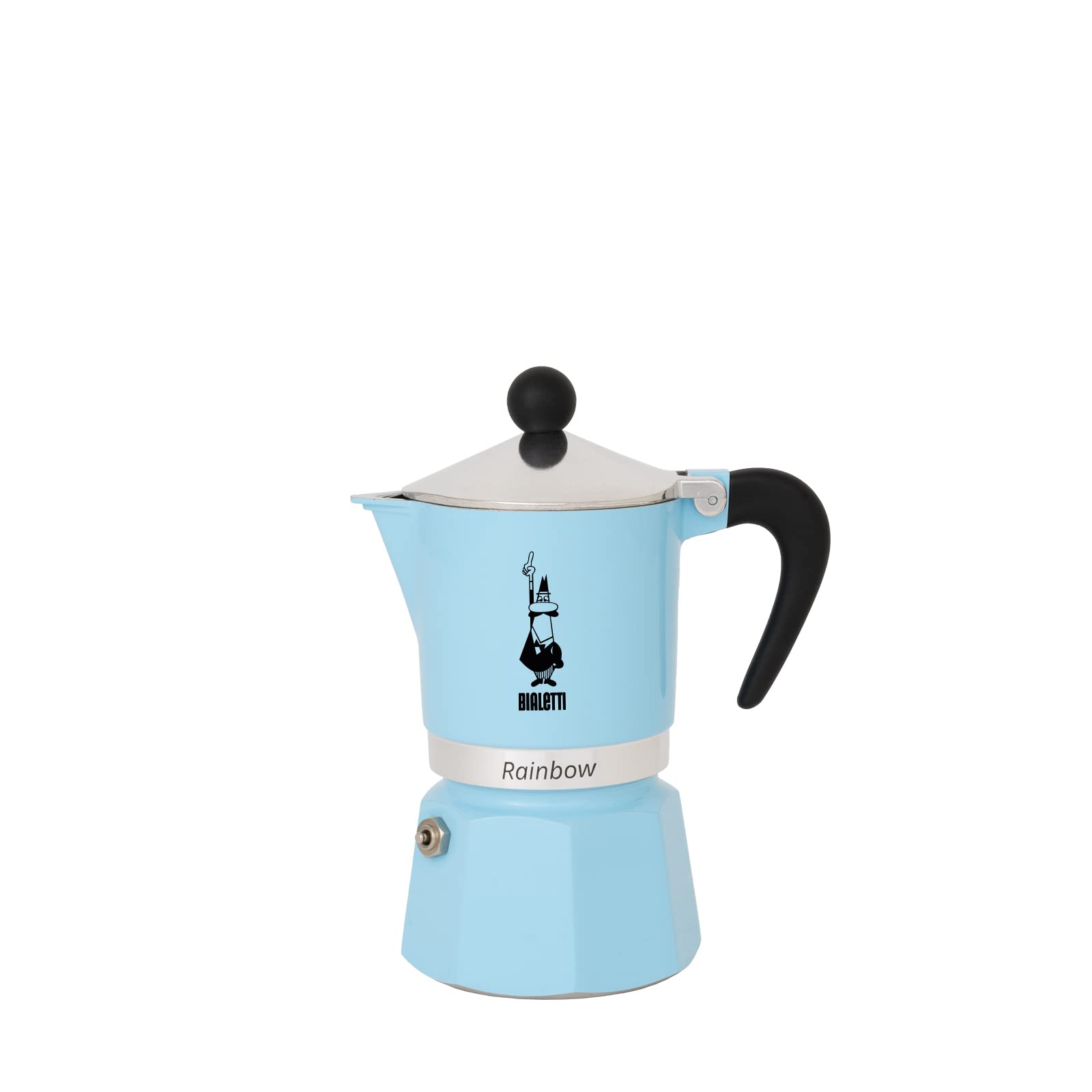 Bialetti Rainbow light blue moka pot front view showcasing compact design and quick brewing