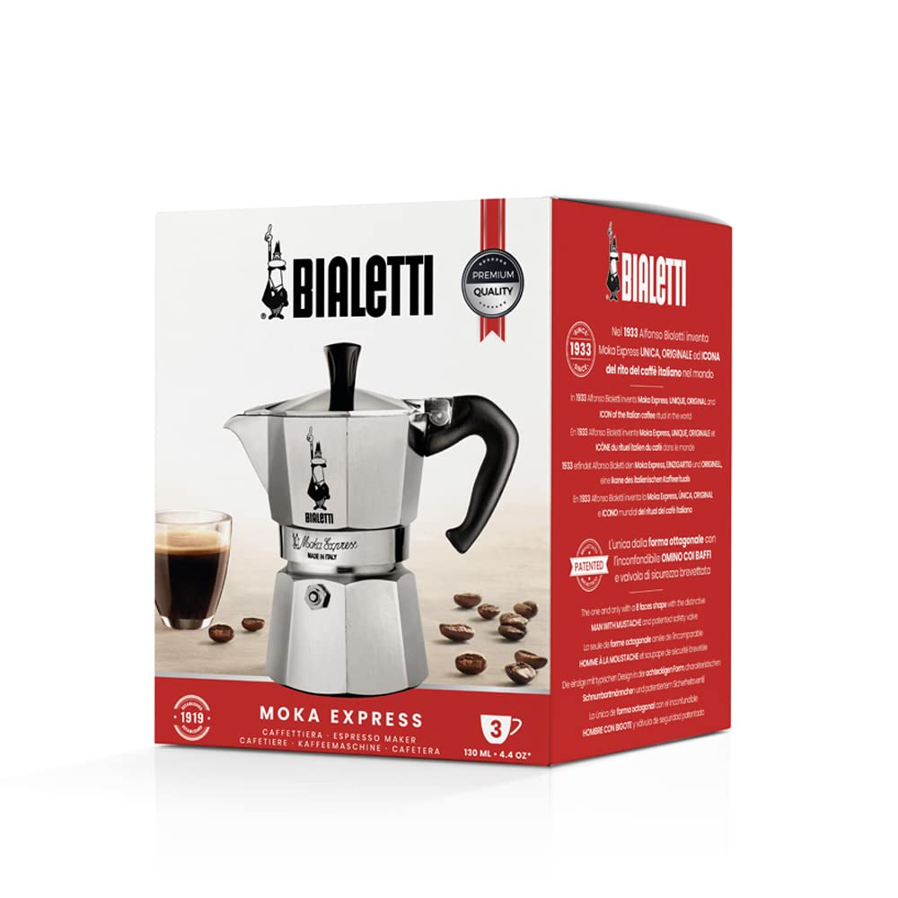 Bialetti next to espresso cup for scale showing compact 130 ml capacity
