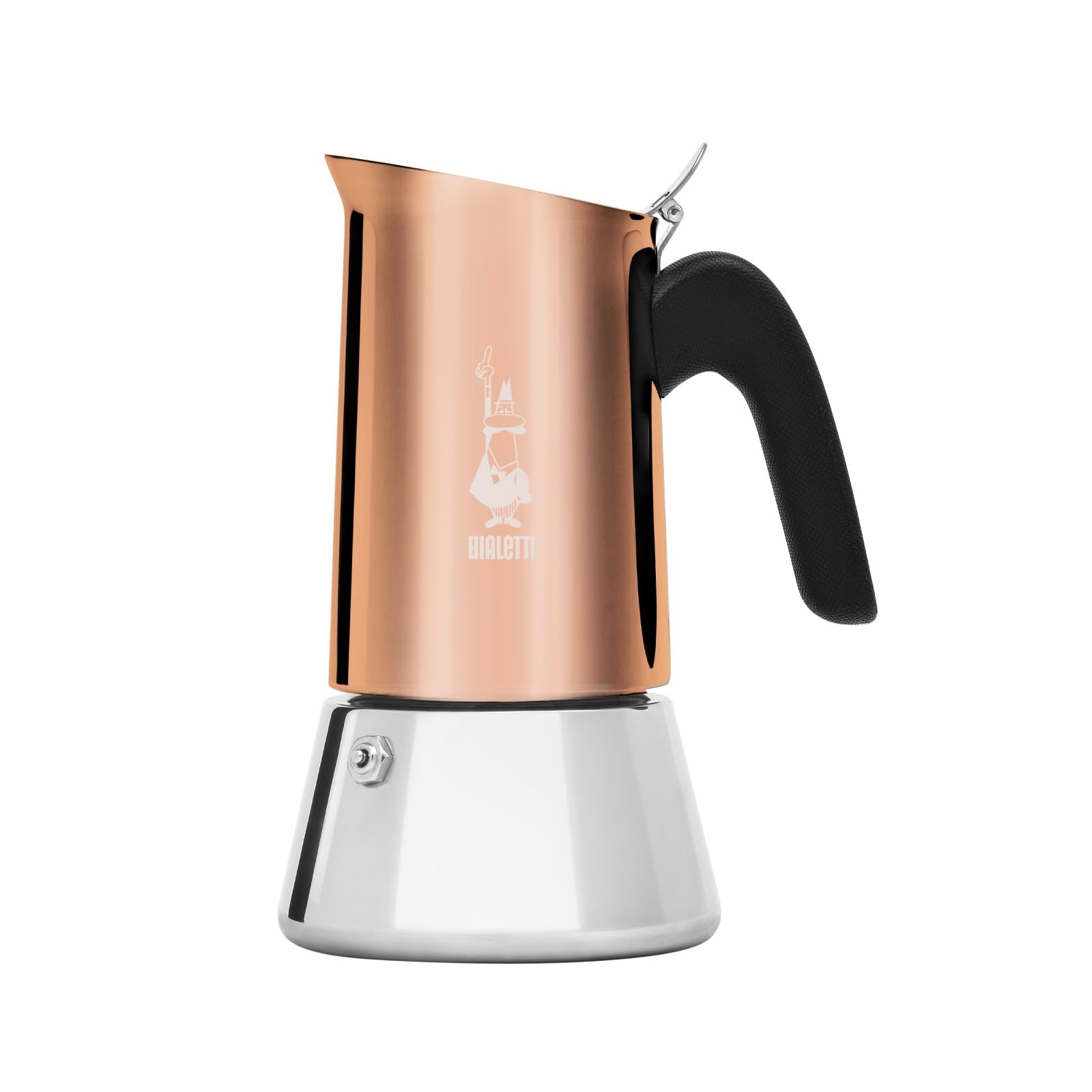 Bialetti Venus front profile showing copper silver finish and durable look