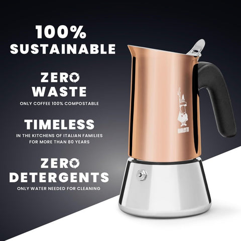 Bialetti Venus next to a coffee cup for size comparison and countertop fit