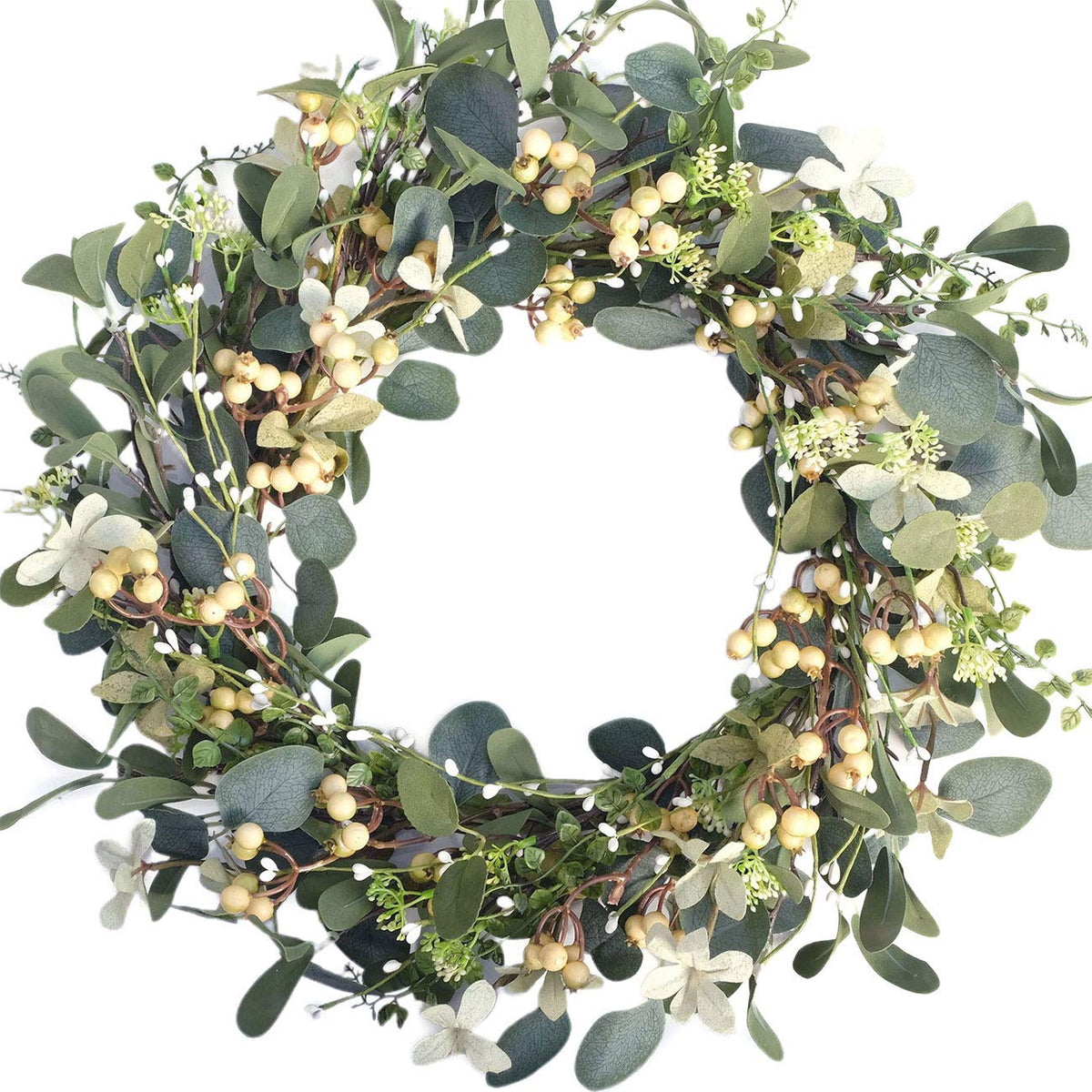 Bibelot wreath front view showing full 20-inch decorative eucalyptus benefit curb appeal