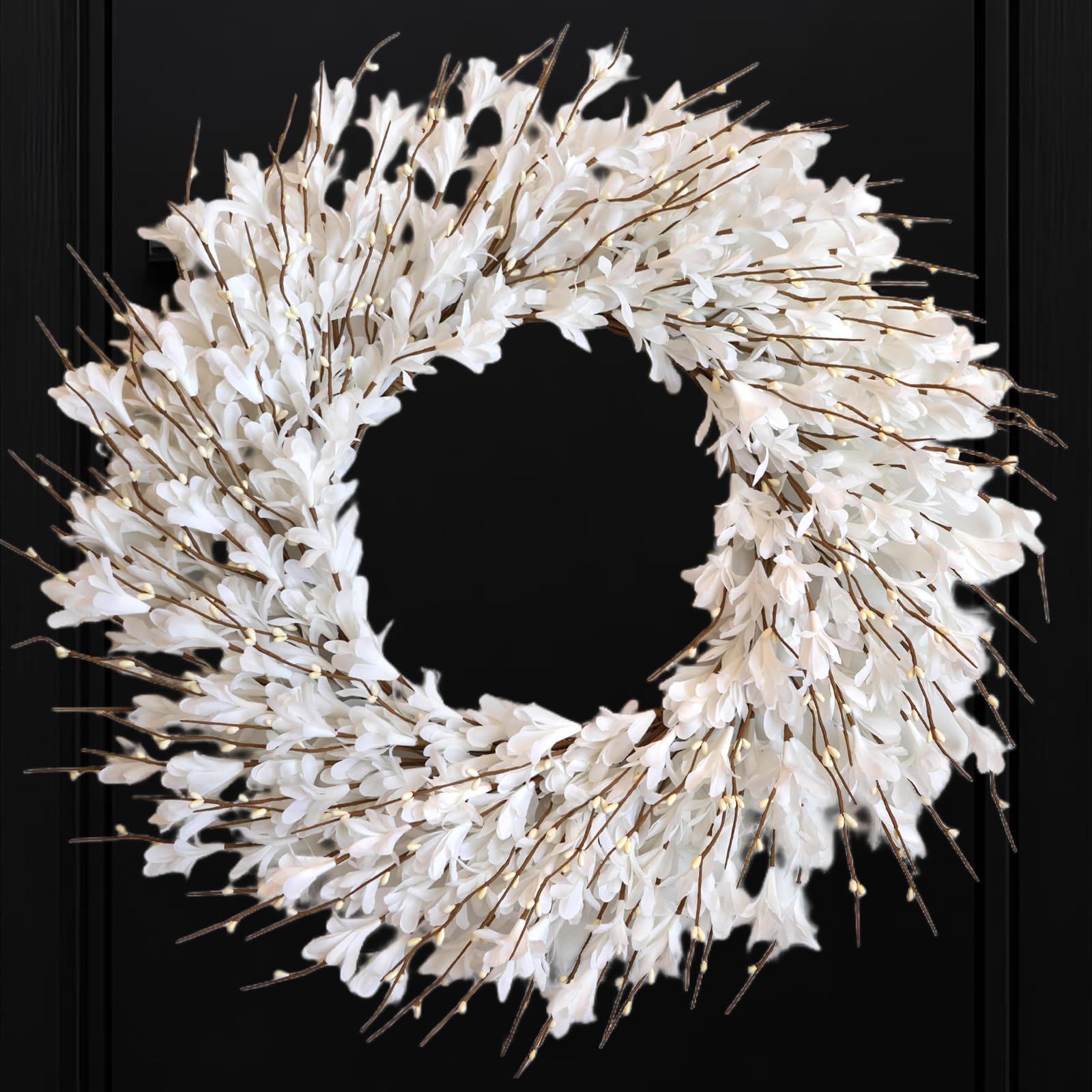 Bibelot front door wreath showing white forsythia and welcoming curb appeal