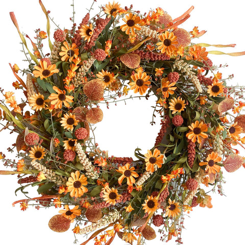 Bibelot front door wreath hung on orange door showing welcome curb appeal