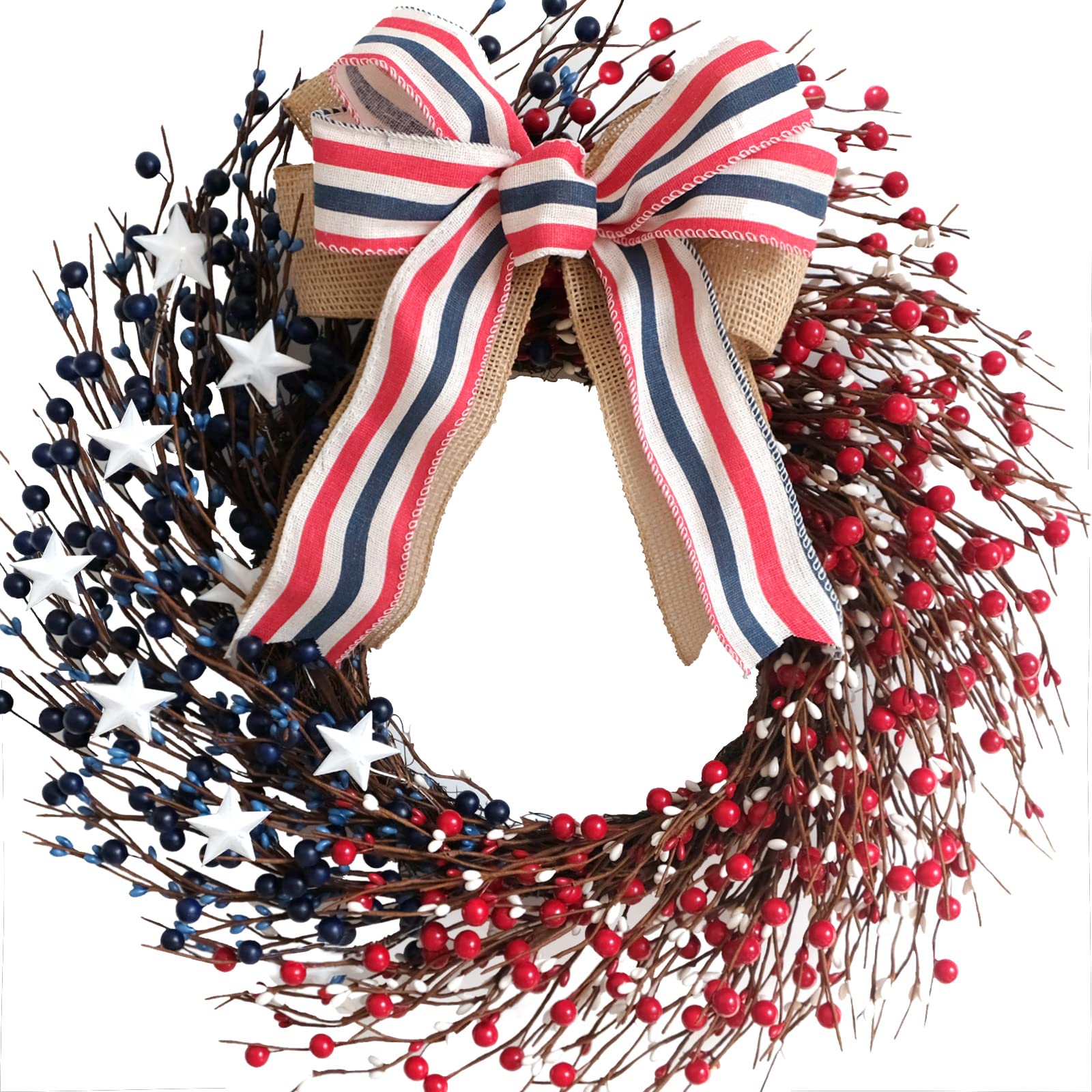Bibelot front view wreath showing red white blue berries and burlap bow for curb appeal
