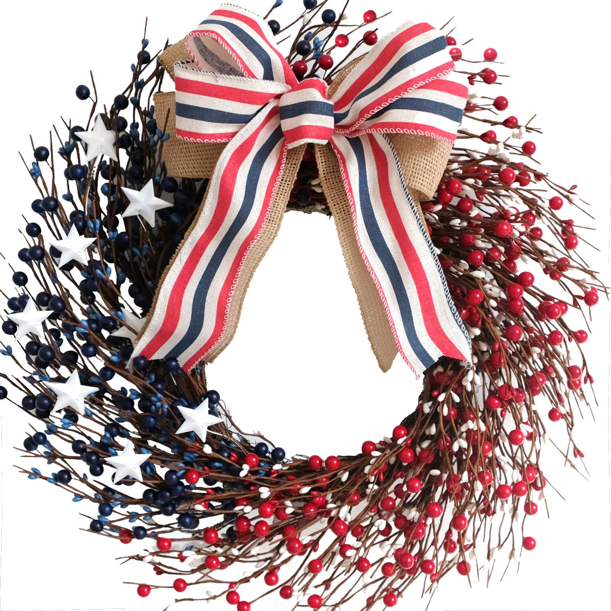 Bibelot front view wreath showing red white blue berries and burlap bow for curb appeal