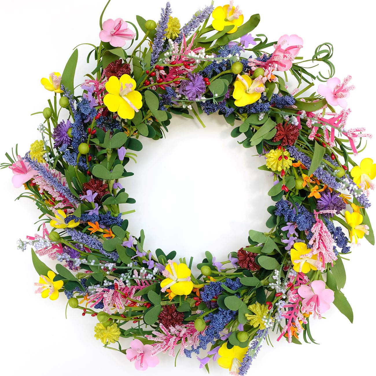 Bibelot front view wreath showing full daisy-lavender arrangement and curb appeal