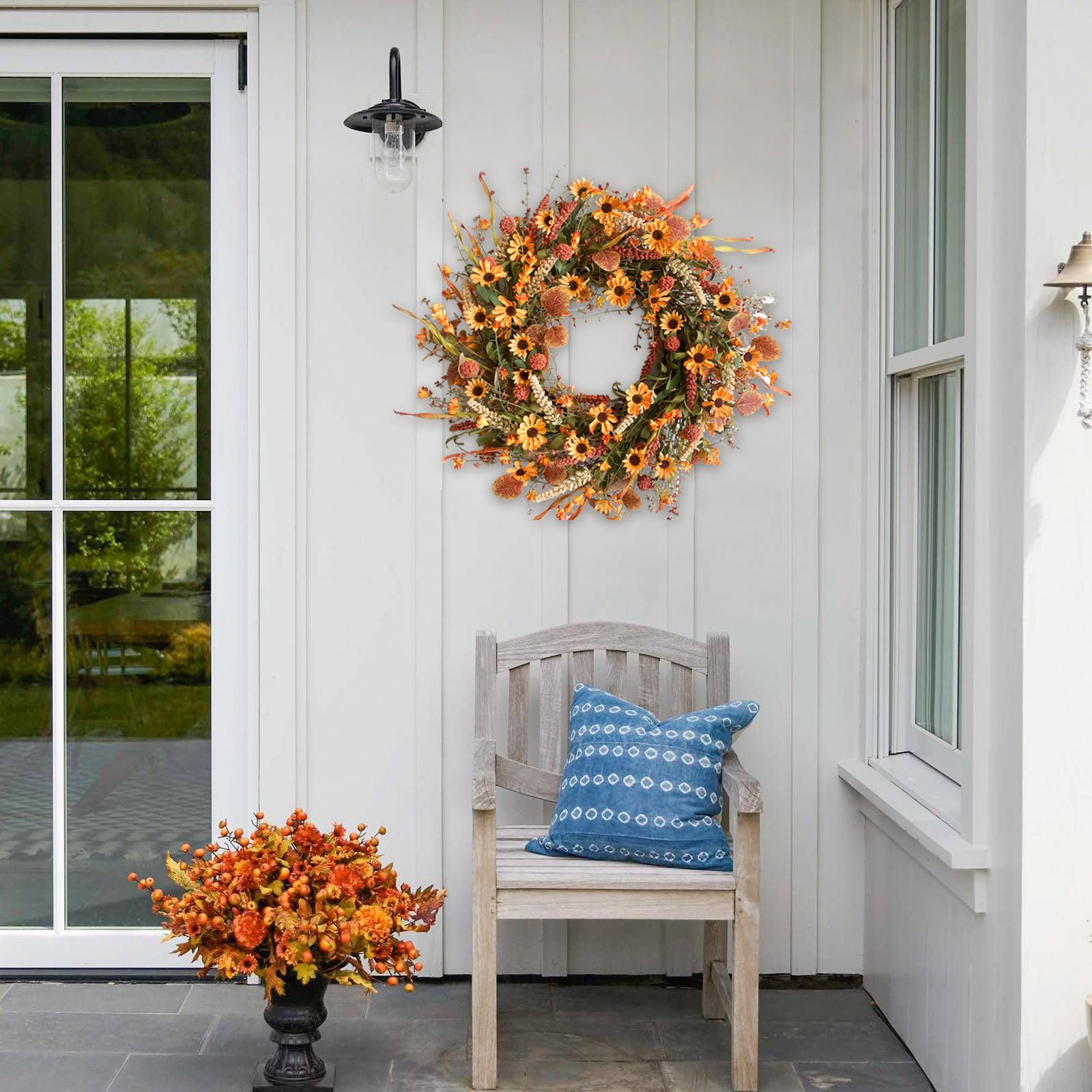 Bibelot wreath styled on porch for Thanksgiving-ready seasonal decorating