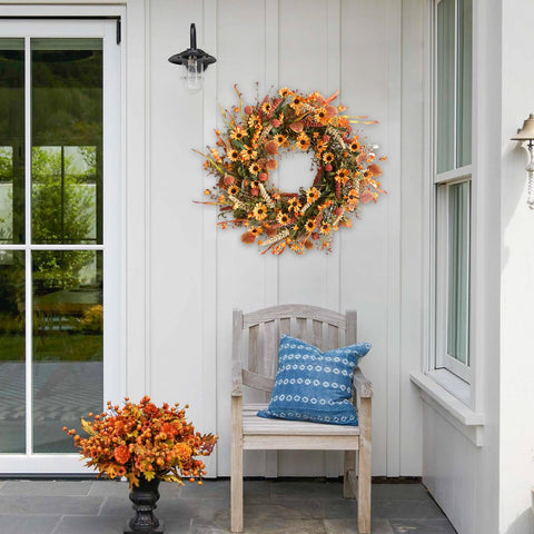 Bibelot wreath styled on porch for Thanksgiving-ready seasonal decorating