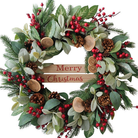 Bibelot wreath front view showing full 24-inch seasonal centerpiece and curb appeal