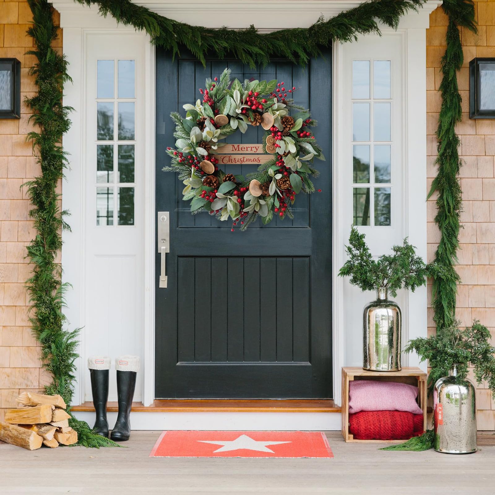 Bibelot wreath displayed on a covered front door to show styling and welcome benefit