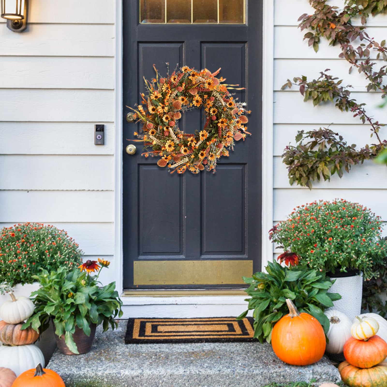 Bibelot wreath on window creating indoor seasonal accent and light