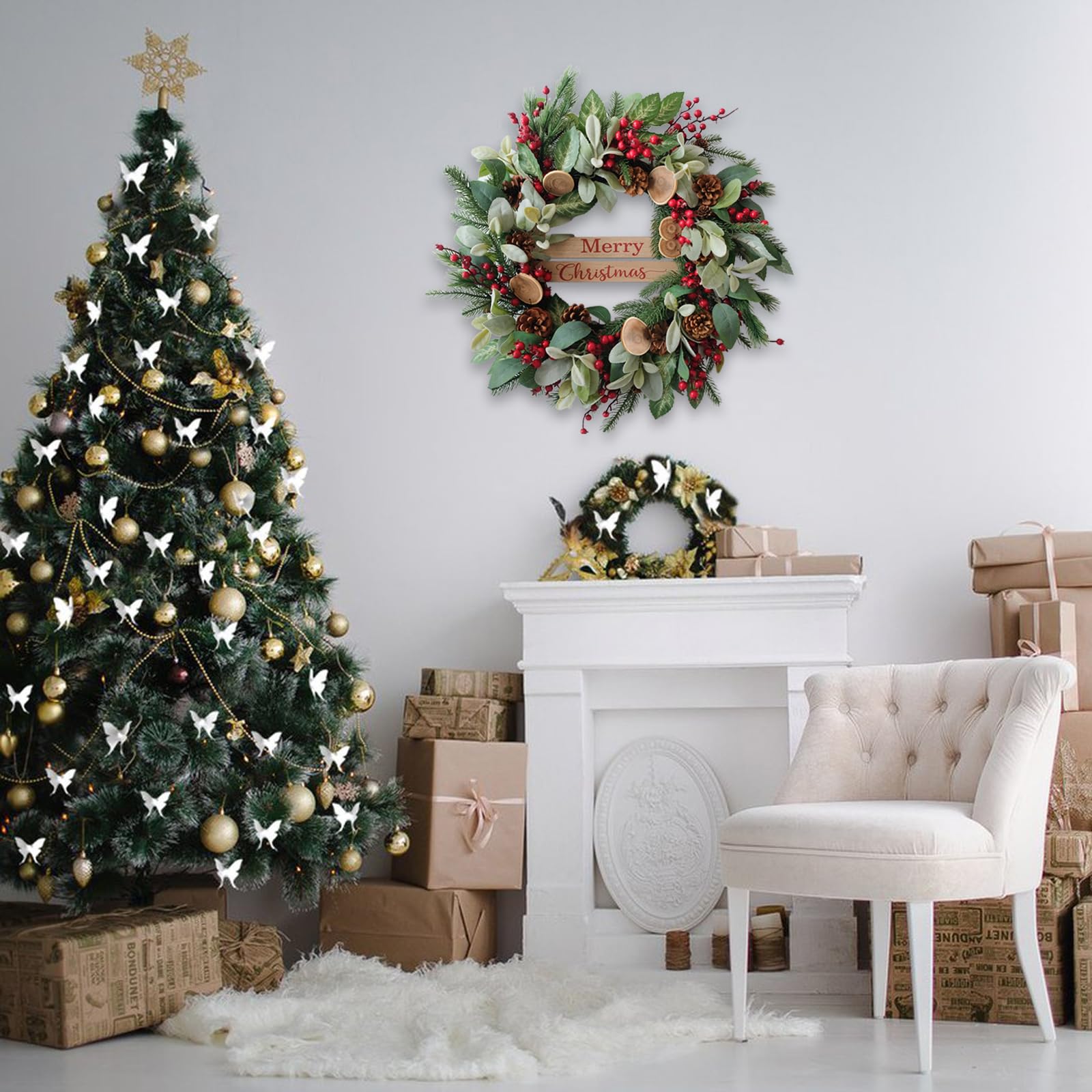Bibelot wreath beside a ruler for 24 inch scale and proper sizing guidance