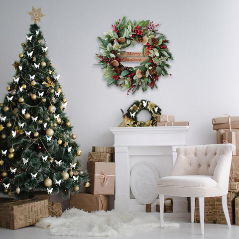 Bibelot wreath beside a ruler for 24 inch scale and proper sizing guidance