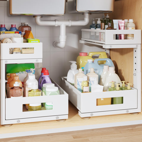 Biboraya front view of 2-tier under-sink organizer showing tidy storage benefit