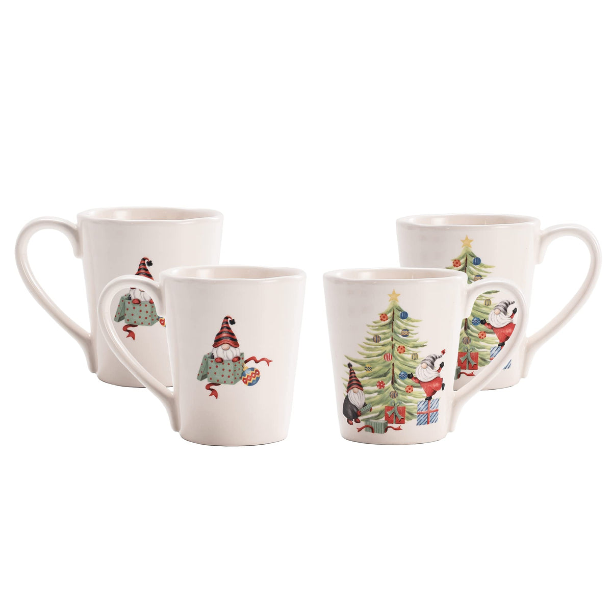 Bico front view of boxed gnome and tree mugs showing festive designs and gift-ready packaging